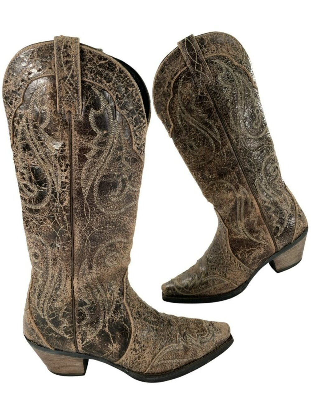 Ariat Brown Distressed Crackle Leather Western Boots Embroidered Women's Sz 8B - Picture 2 of 12